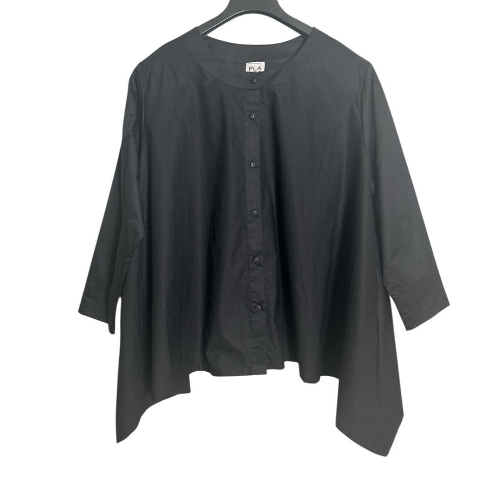 Planet Button Front Asymmetrical Hemline Black Top OS